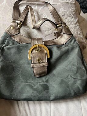 Coach Green Logo-Pattern Shoulder Bag with Metallic Bronze Trim